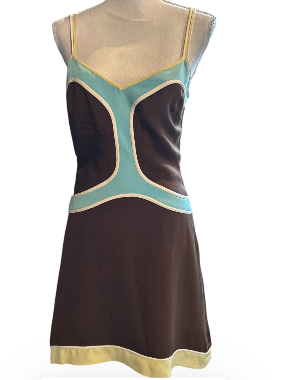 Tocca Brown Slip Dress with Aqua and Green Trim